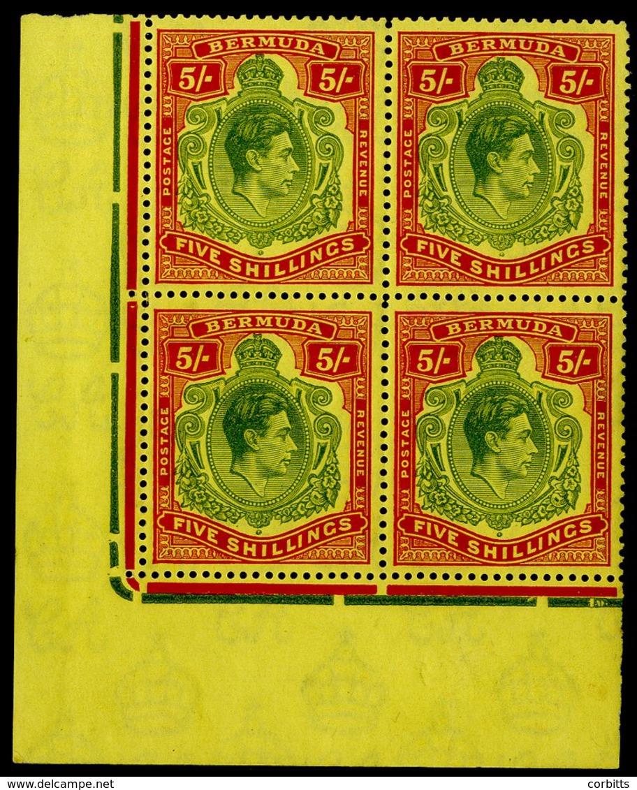 1938-53 Ord Paper, Pl.13 5s Yellow-green & Red/pale Yellow, SG.118f, Lower Left Corner Marginal Block Of Four Showing Fl - Sonstige & Ohne Zuordnung