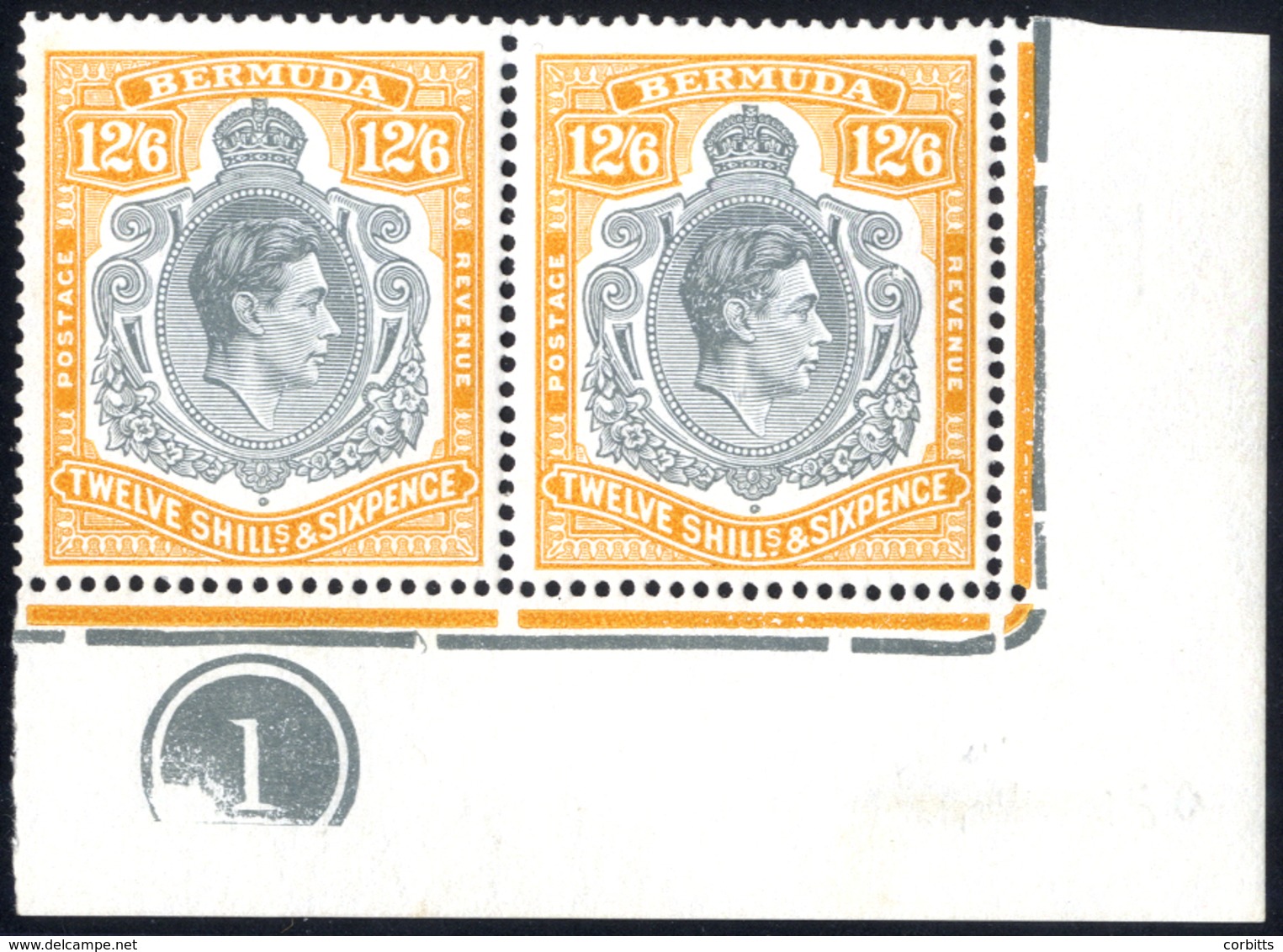 1938-53 12/6d Deep Grey & Pale Orange Corner Marginal Plate Number Pair Incl. Variety 'broken Lower Right Scroll' UM, Th - Sonstige & Ohne Zuordnung