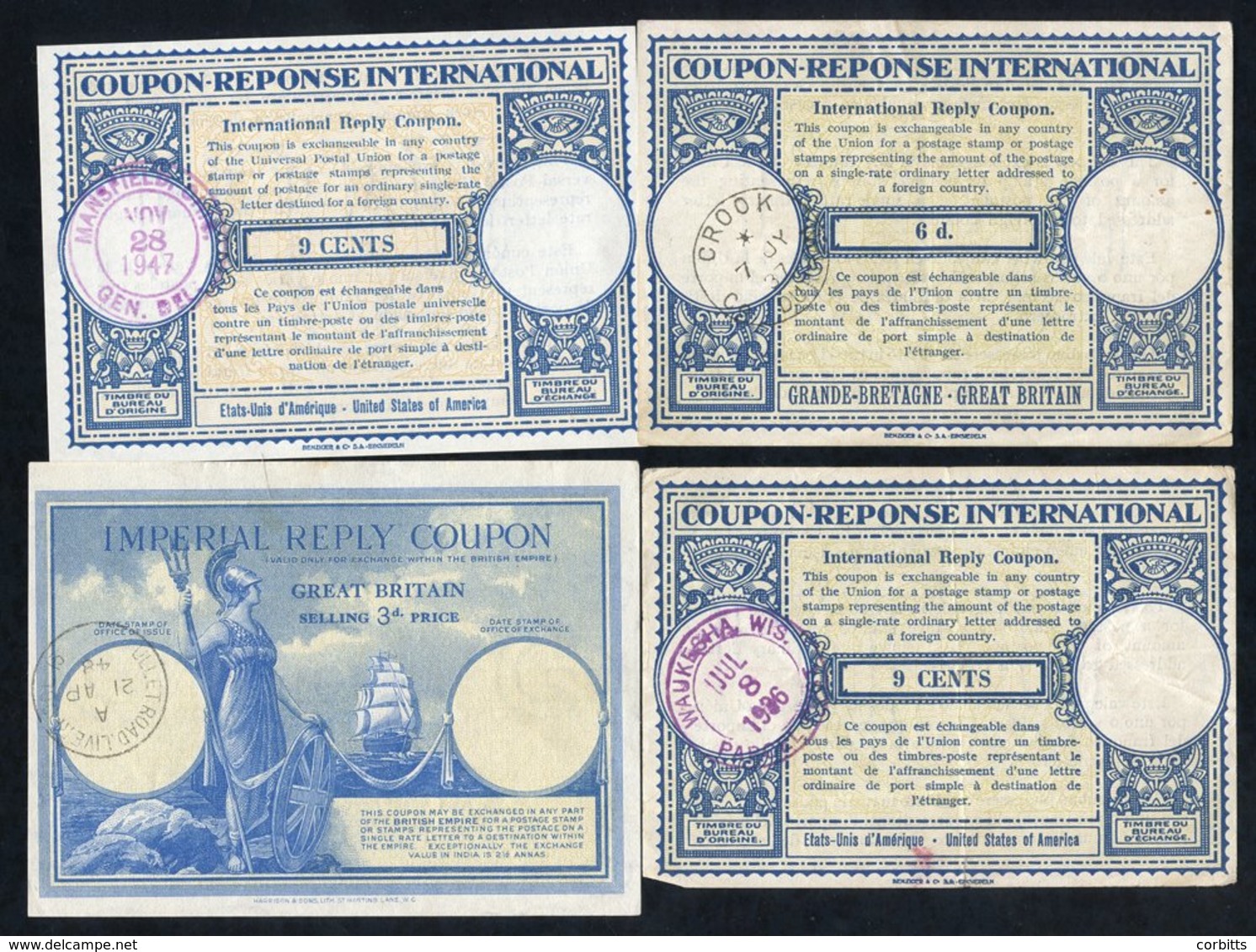 International Reply Coupons (9) Three From GB, Two From USA, One Each From New Zealand, Canada & Australia. All Used. - Sonstige & Ohne Zuordnung