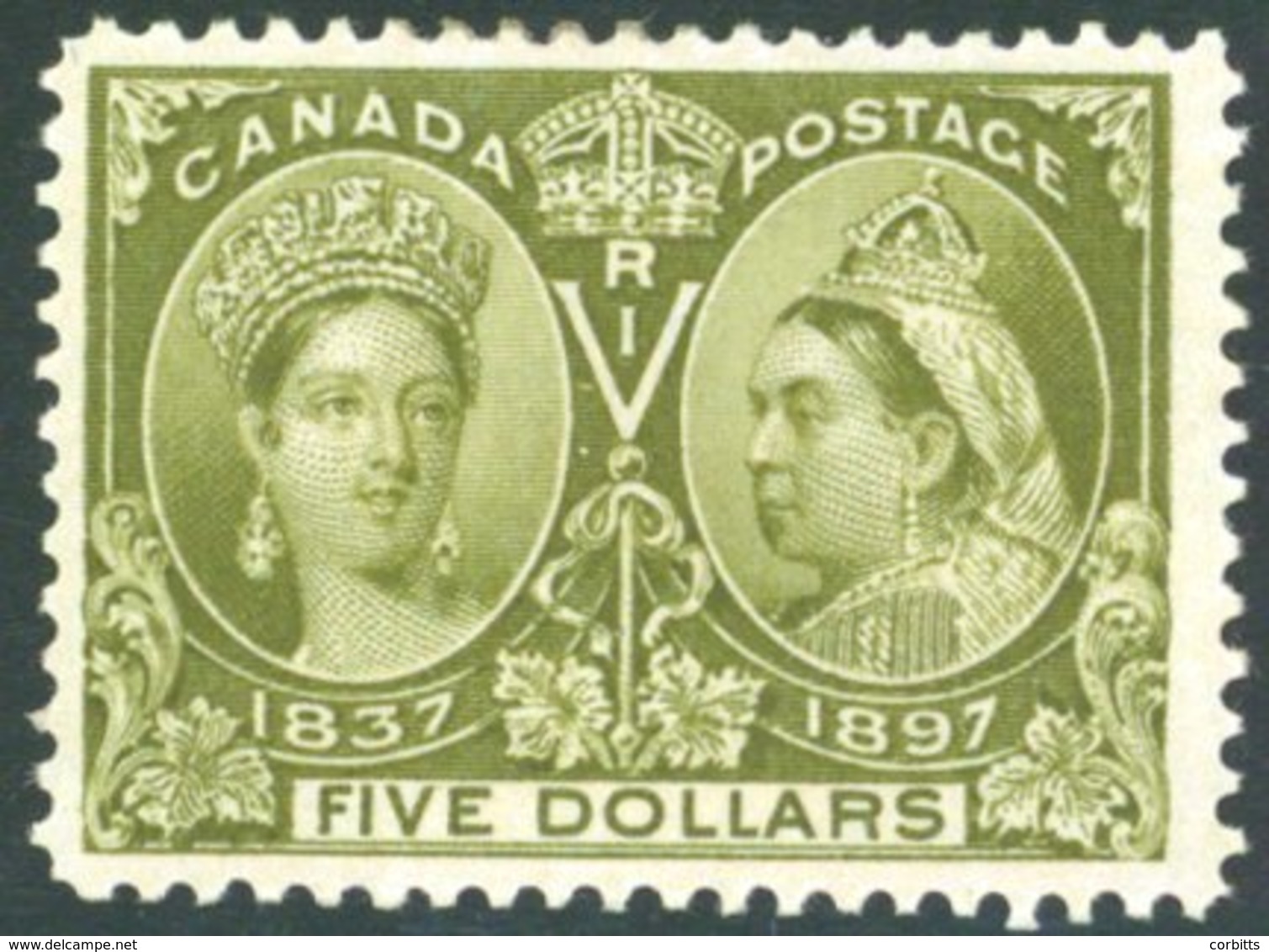 1897 Jubilee $5 Olive Green, Fresh Large Part O.g, SG.140. Cat. £1400. (1) - Other & Unclassified