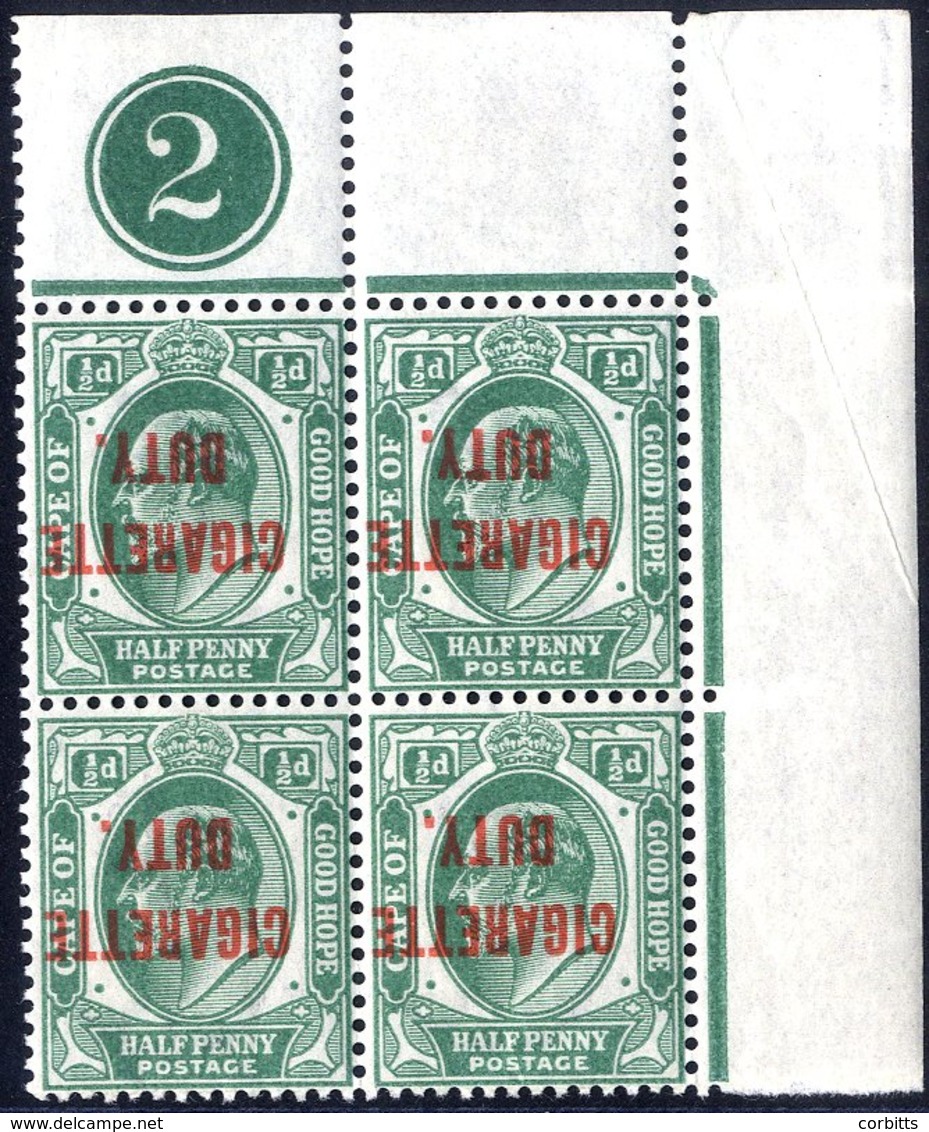 1909 Revenue - Cigarette Duty ½d Green Overprint Inverted Upper Left Corner Marginal Plate Block Of Four UM, Barefoot 3a - Sonstige & Ohne Zuordnung