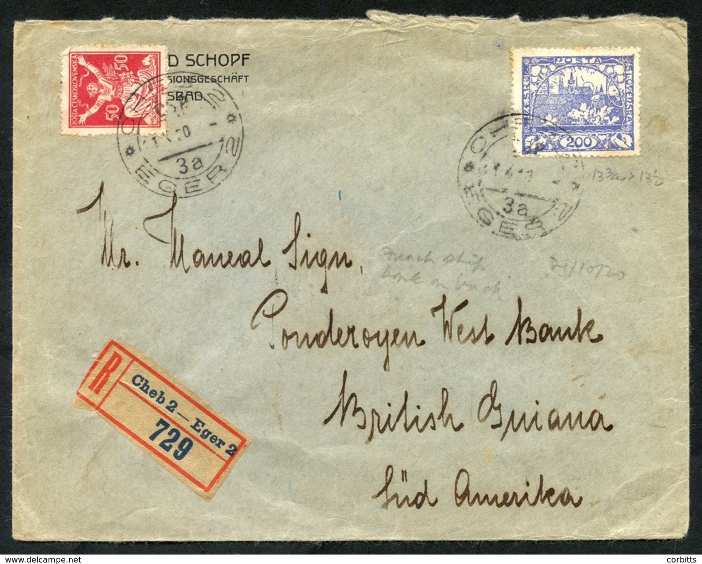 1920 Reg Envelope To British Guiana Franked 50c + 200c, Cancelled CHEB - EGER C.d.s. On Reverse, French Maritime D/stamp - Sonstige & Ohne Zuordnung