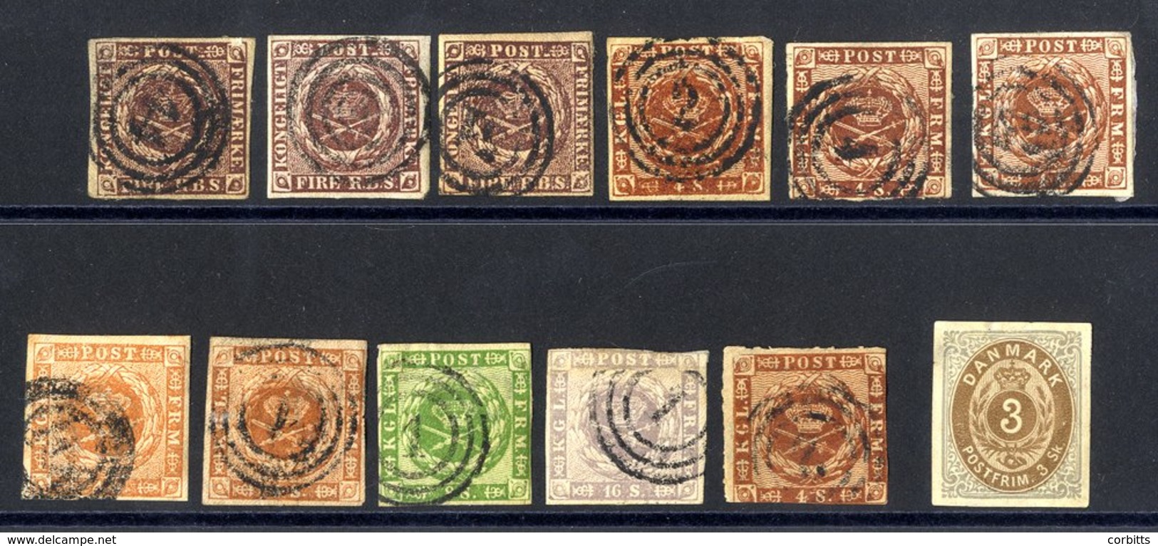 1851-54 4RBS Three Four Margined Singles One Cancelled 44 At 'Nestved' Thinned, 1854-59 45k (5) Used Incl. One Used '2'  - Sonstige & Ohne Zuordnung