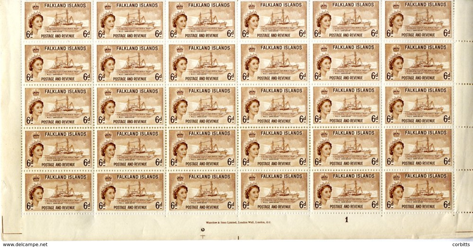 1955-57 6d Deep Yellow Brown Lower Half Sheet Of Thirty, UM Showing Marginal Inscription & Plate Number (tear In Lower R - Sonstige & Ohne Zuordnung