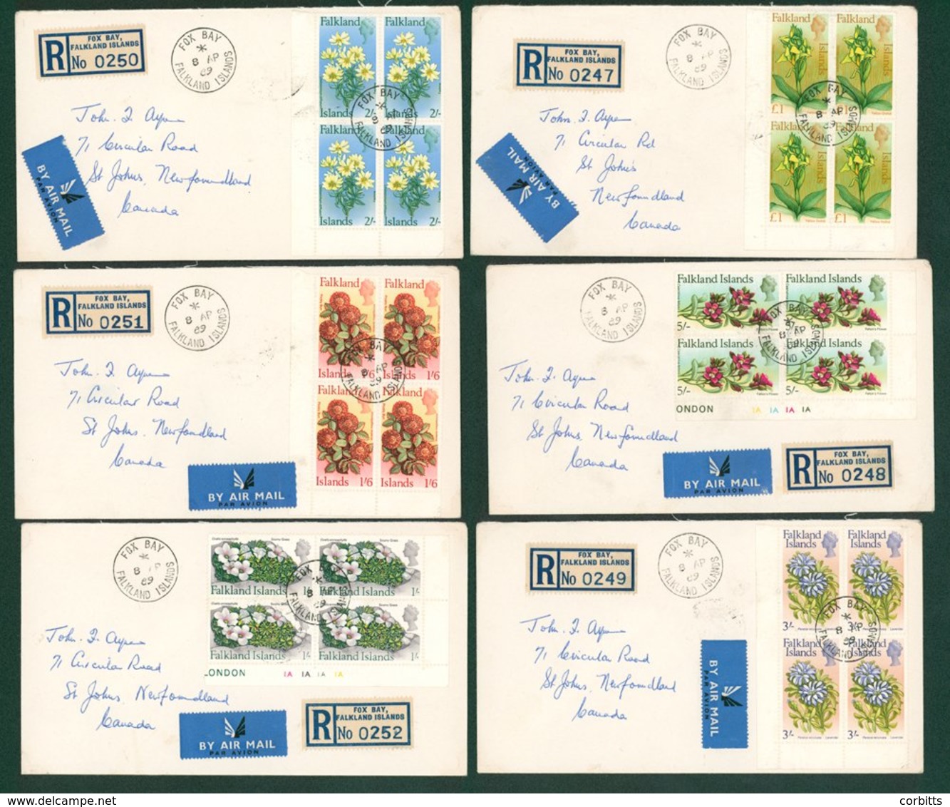 1968 Flowers Defin Set Complete In Blocks Of Four (all Corner Marginal With 5 Are Plate Blocks) Each Cancelled Fox Bay 8 - Sonstige & Ohne Zuordnung