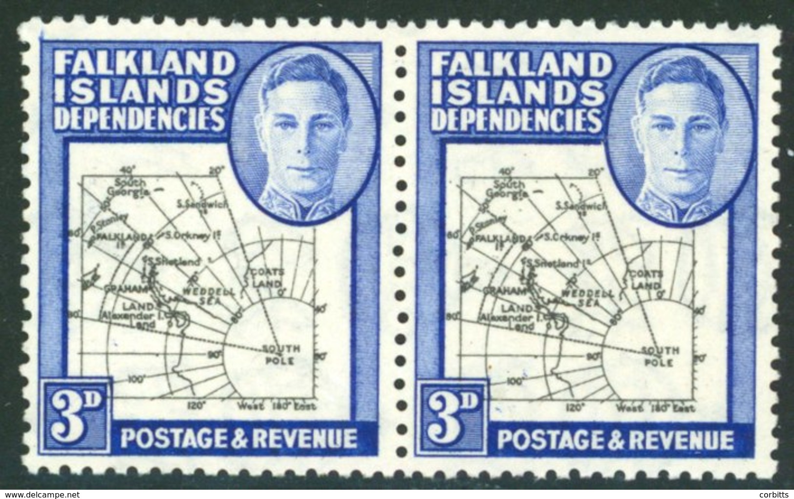 1946 Thick Map 3d Black & Blue UM Pair Incl. Variety Missing  'I' In S. Shetland Is. SG.G4b. Cat. £200+. (2) - Sonstige & Ohne Zuordnung