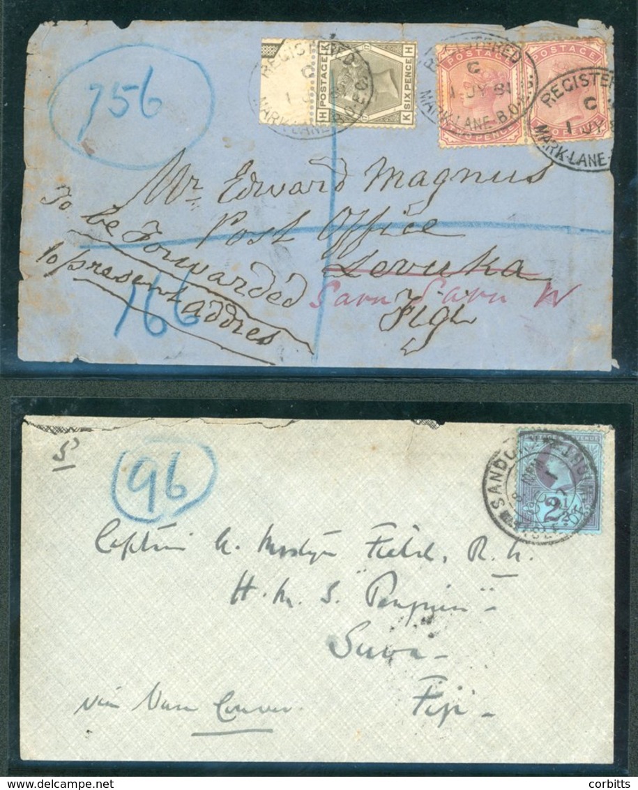 Two Incoming Envelopes To Fiji From England, 1884 Registered To Levuka, Then Forwarded To Savu Savu With A 6d And Two 2d - Sonstige & Ohne Zuordnung