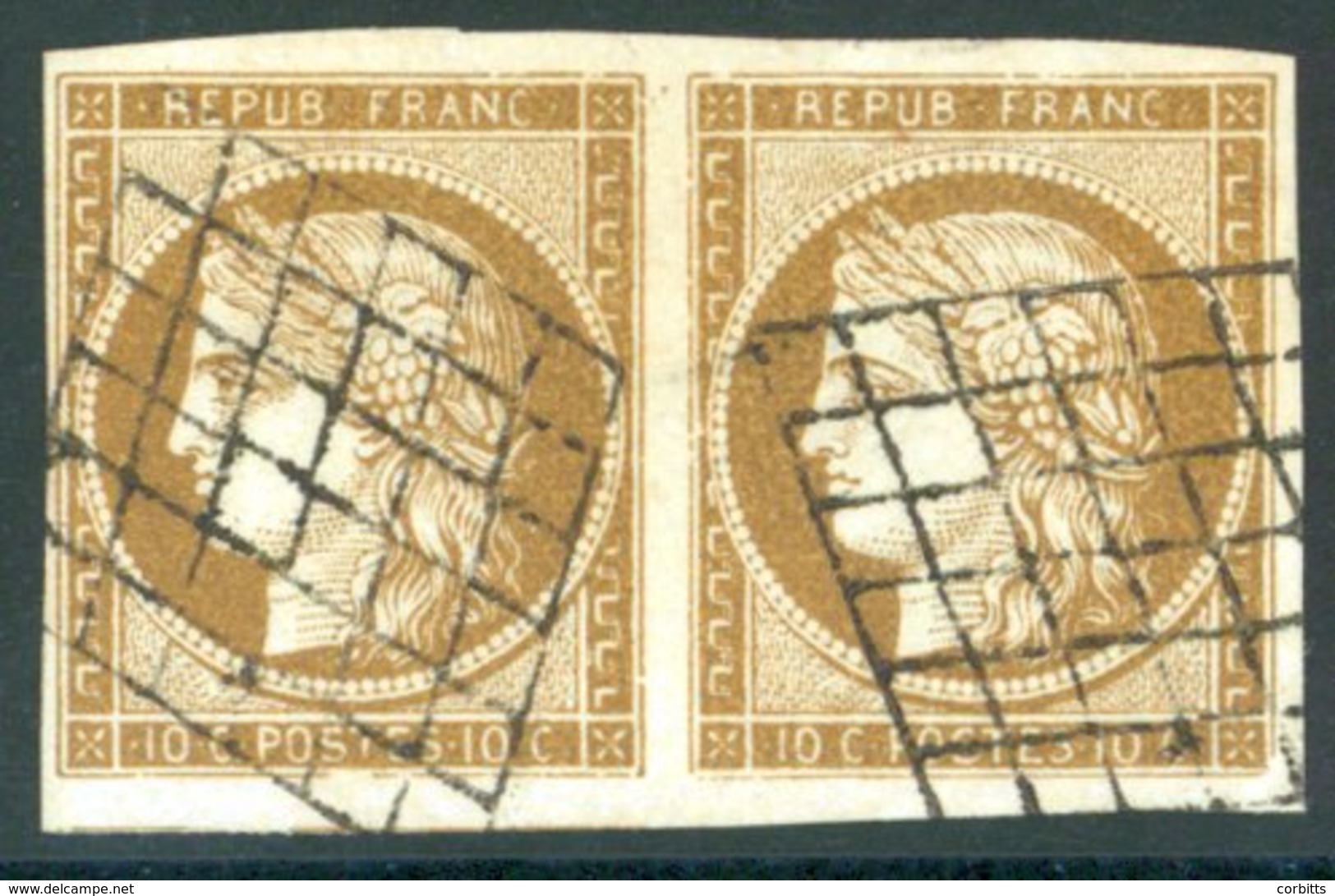 1849-52 10c Ceres Horizontal Pair With Good To Mainly Huge Margins FU With Two Grid Cancels, Attractive. (2) - Sonstige & Ohne Zuordnung