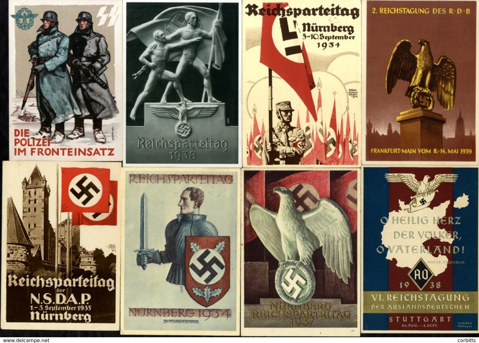 1933 Nurnberg Rally, 1934-42 Propaganda Cards (9) Incl. 1934 Reichsparteitage Cards (2 Different), 1936 Berlin Christmas - Sonstige & Ohne Zuordnung