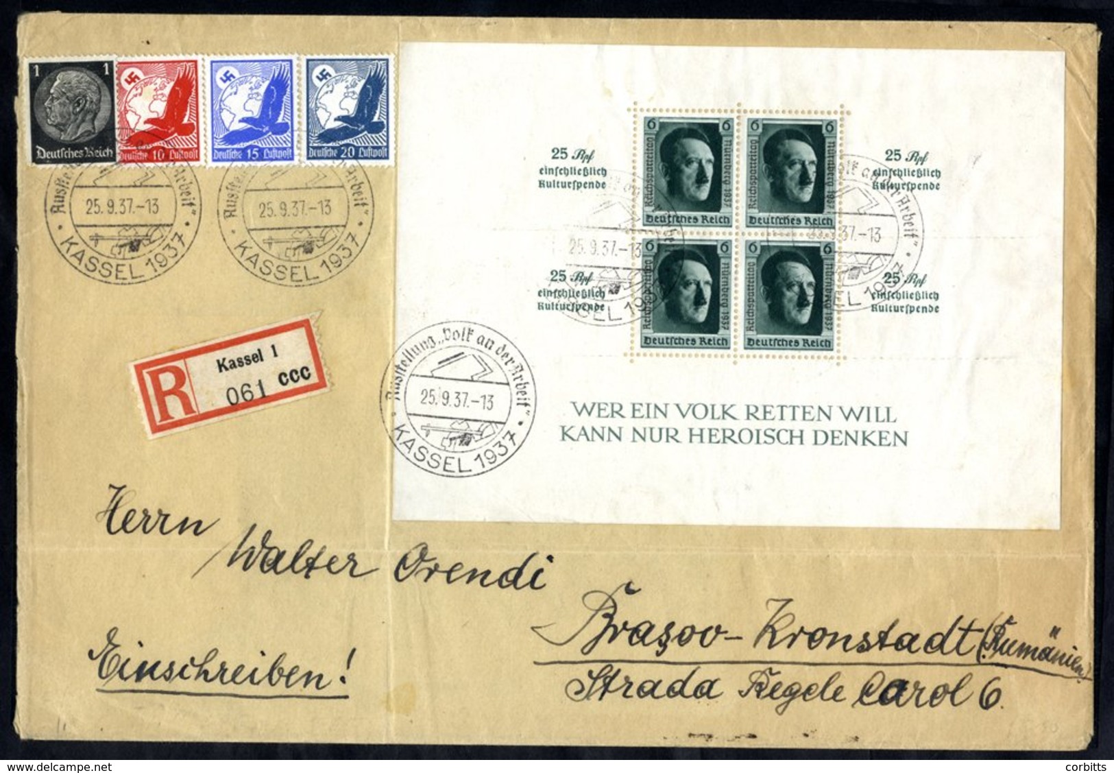1937 Hitler's Birthday M/Sheet Used On Cover (SG.MS635), Another Cover Bearing The Rouletted Sheet (SG.MS6377) & M Examp - Sonstige & Ohne Zuordnung