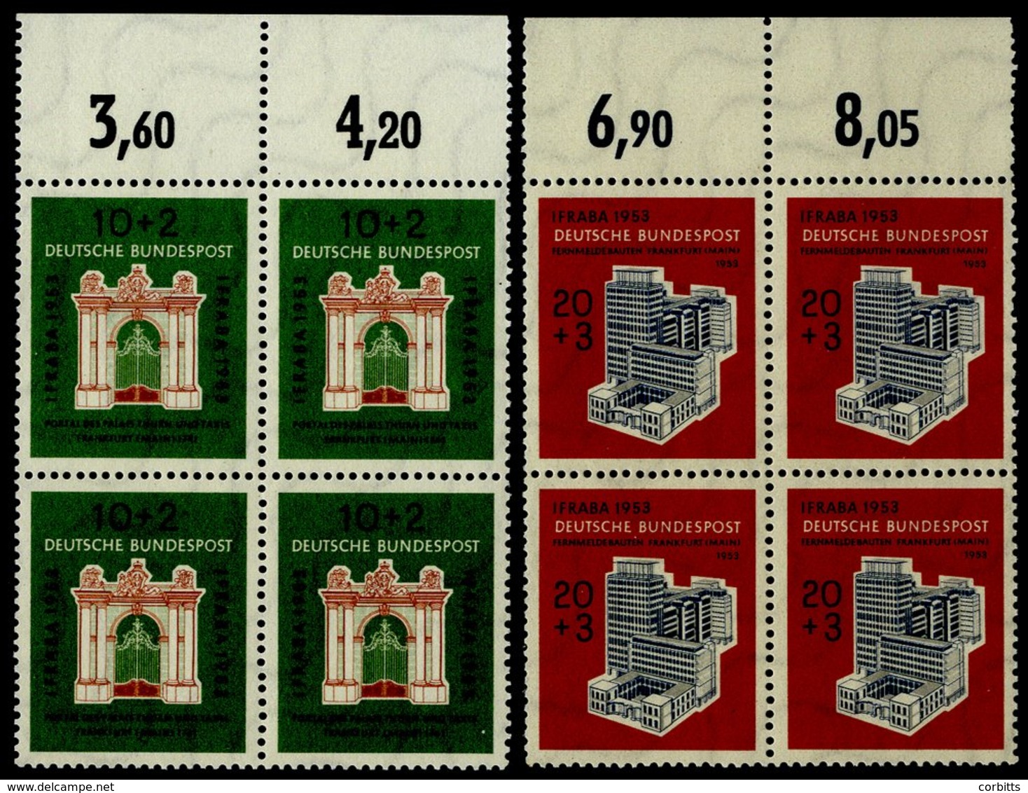 1953 Philatelic Exhibition Set Top Marginal UM Blocks Of Four, SG.1097/8. Cat. £272. (8) - Sonstige & Ohne Zuordnung