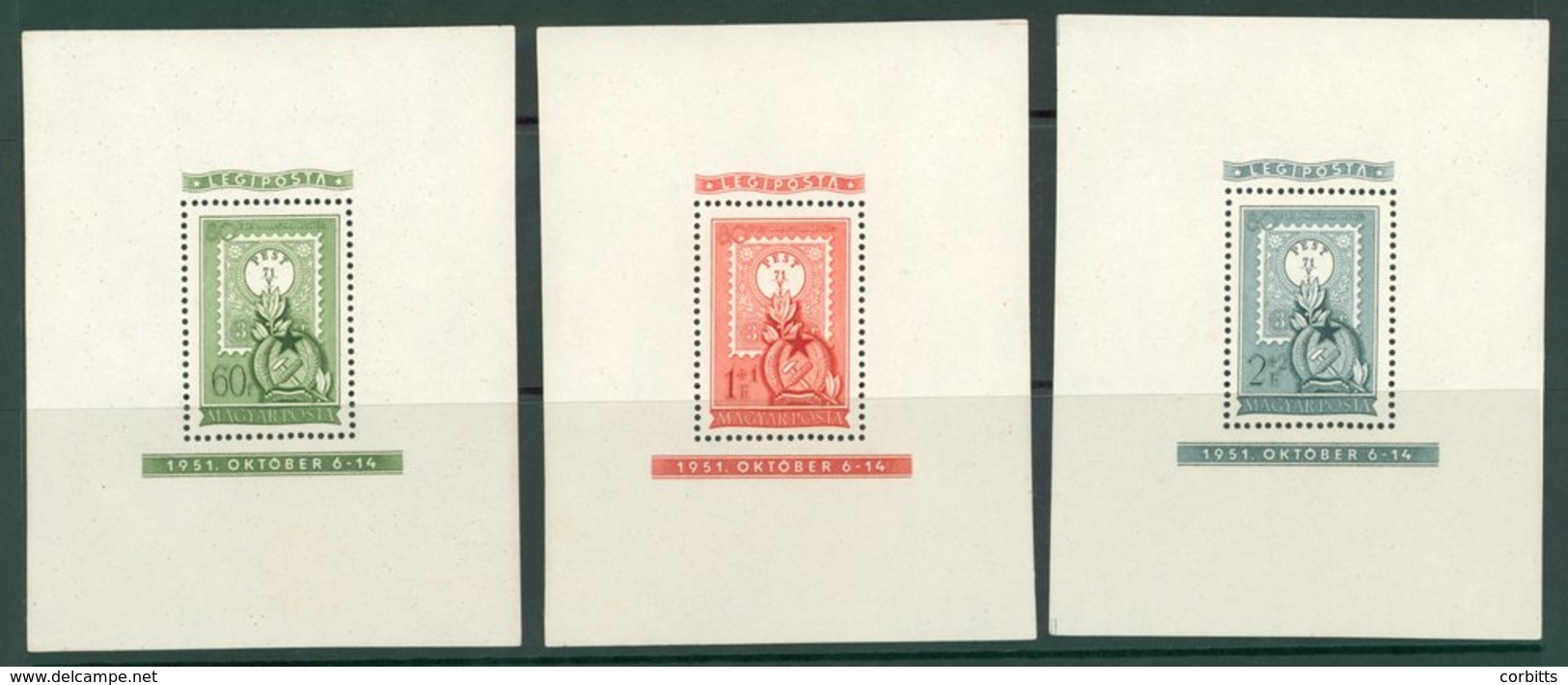 1951 80th Anniv Of First Hungarian Stamps, Set Of M/Sheets, UM Odd Gum Crease, SG.MS1199a. Cat £400. (3) - Sonstige & Ohne Zuordnung