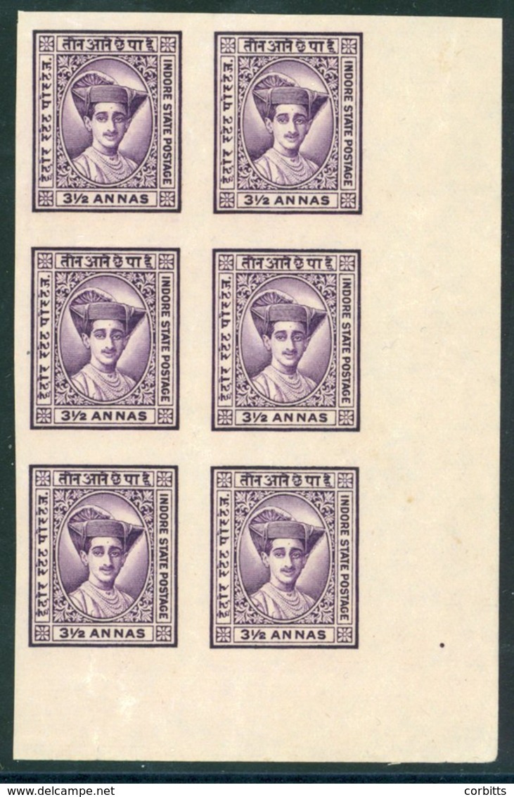 INDORE 1927-37 3½a Violet Imperforate Lower Right Corner Marginal Block Of Six, Fine Unused, Small Closed Tear In Lower  - Sonstige & Ohne Zuordnung