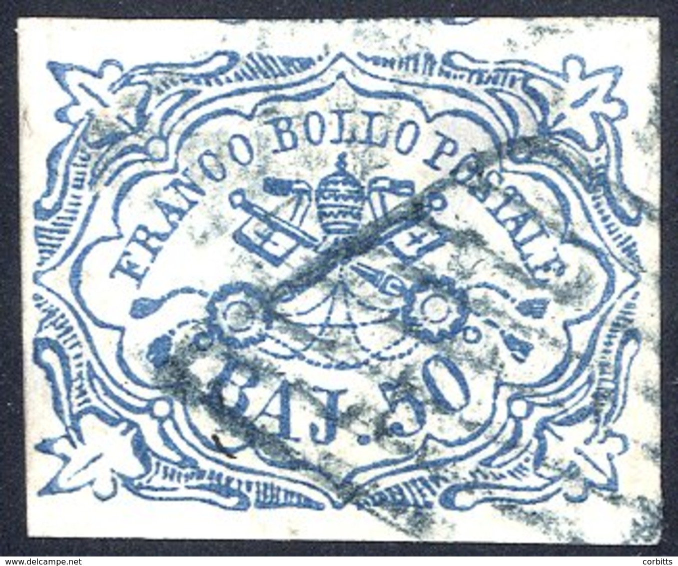 PAPAL STATES 1852 50b Blue Used Good Margins, Slight Faults, But Very Scarce. SG.27. Cat. £2000. - Sonstige & Ohne Zuordnung