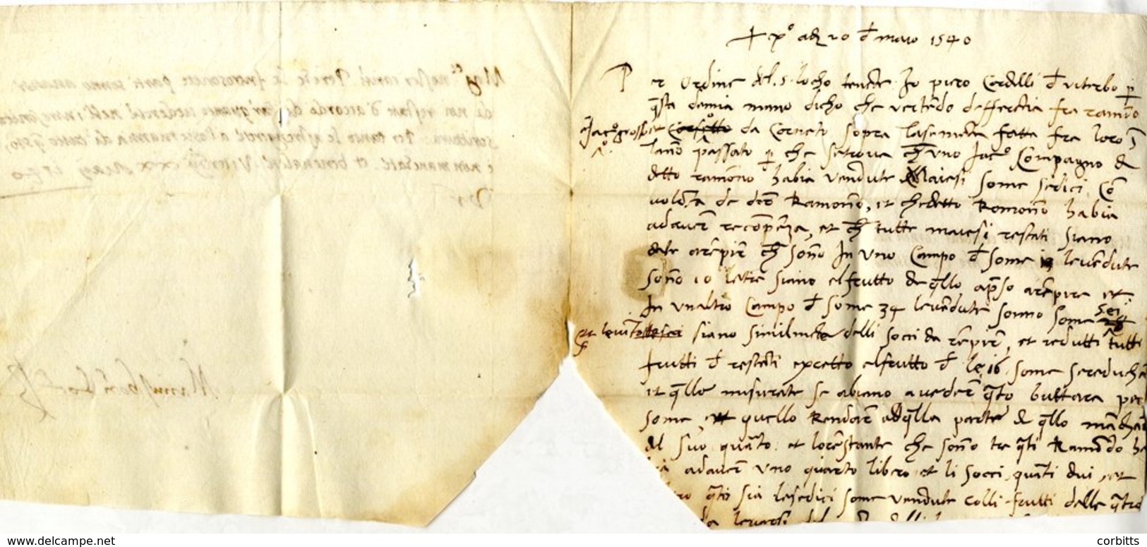 Early Italian Letter: 1540 Folded Letter (slight Text Loss) Written At Viterbo; Paper Sealing 'tongue’ With Embossed Sea - Sonstige & Ohne Zuordnung