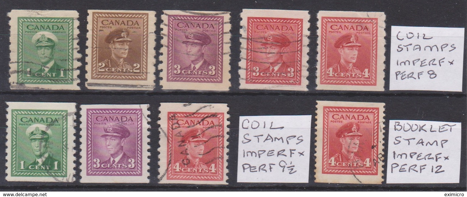 CANADA 1942 - 1948 COIL AND BOOKLET STAMPS SG 389/393, 396, 397, 398, 398a FINE USED Cat £46+ - Rollen