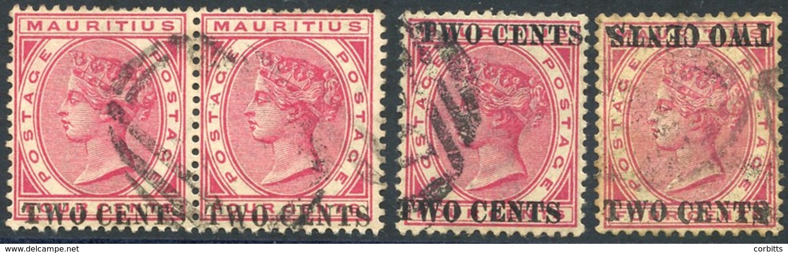 1891 2c On 4c Carmine, VFU Pair, SG.118, Single Optd Double, Another Optd Double One Inverted, Good U, SG.118/a/c. (4) C - Sonstige & Ohne Zuordnung