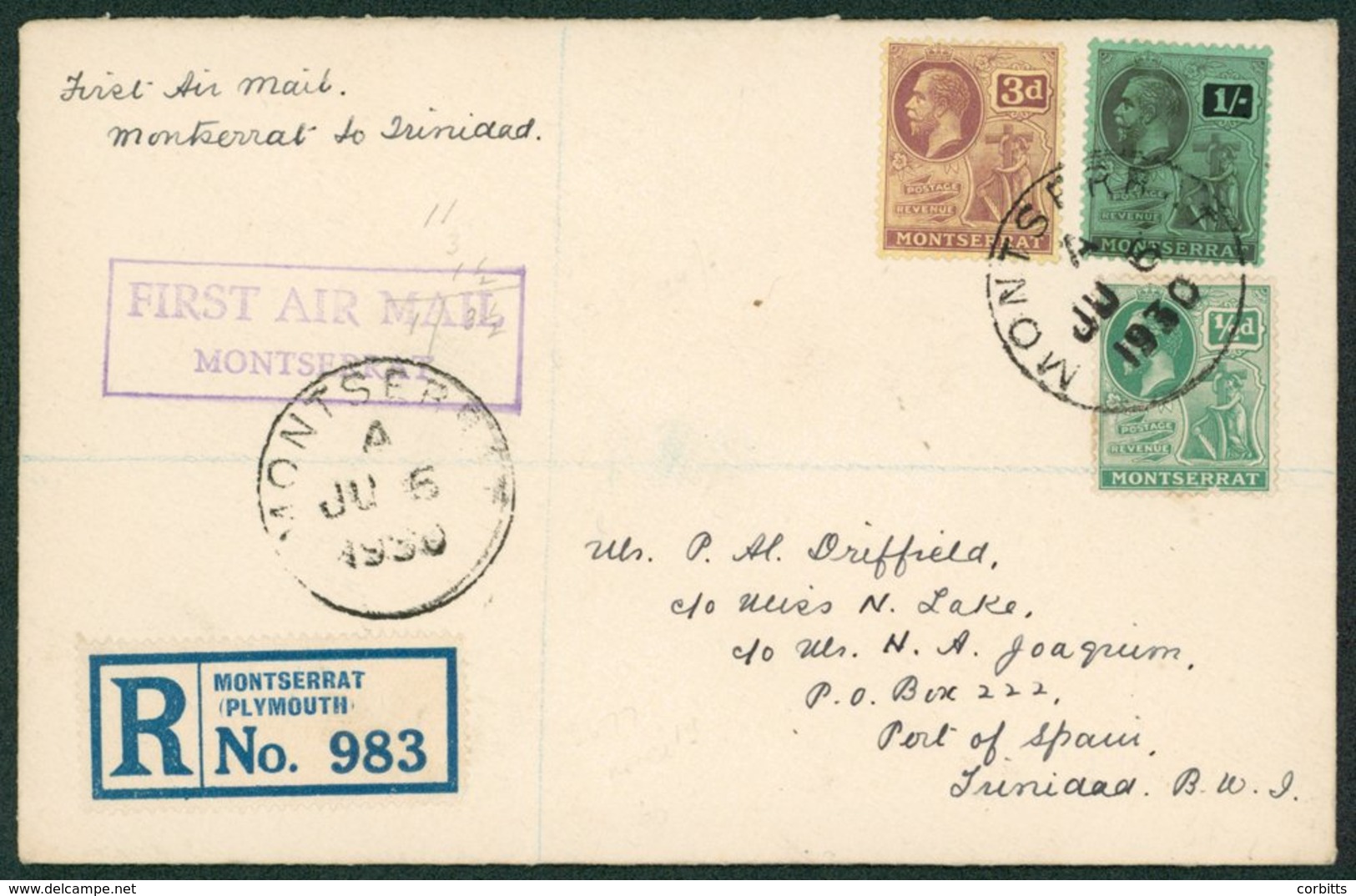 1931 Feb 23rd Royal Naval Air Service Seaplane Registered Flight Cover Plymouth - St. Kitts Onto Port Of Spain ½d, 3d &  - Sonstige & Ohne Zuordnung