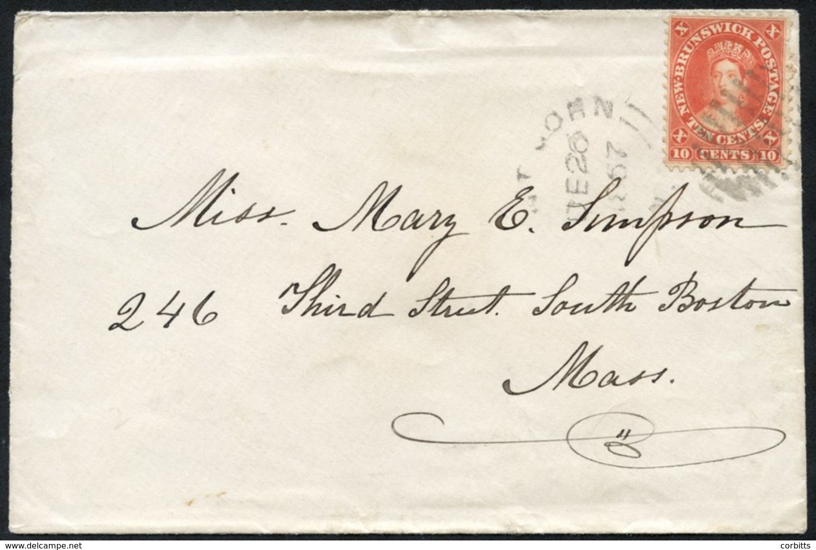 1867 Cover To Boston, USA With A 10c Tied By A Barred Cancel & Saint John DE.26.1867 D/stamp. A Gage-Town DE.25.1867 Can - Sonstige & Ohne Zuordnung