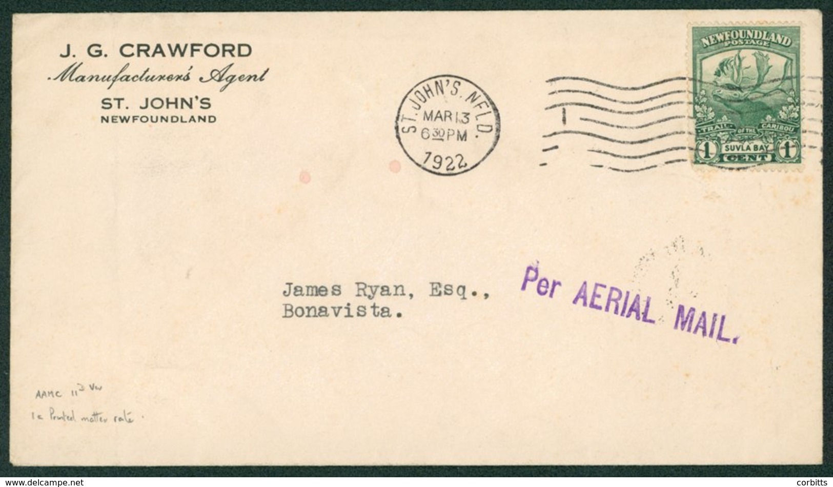 1922 March 14th Cotton Flight Cover St. John's - Bonavista, Franked 1c Caribou (fault), Per Airmail Cachet & Bonavista B - Sonstige & Ohne Zuordnung