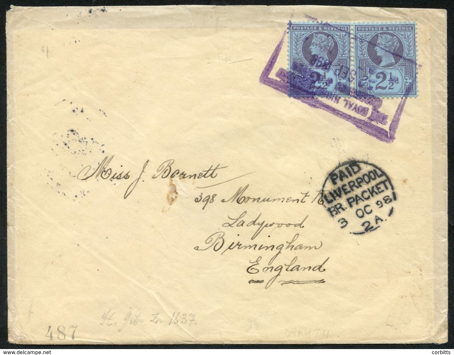 1898 (2 Sep) Double Rate Envelope To Birmingham, Bearing GB 2½d Purple On Blue Pair Clearly Tied Large Part Complete Str - Sonstige & Ohne Zuordnung