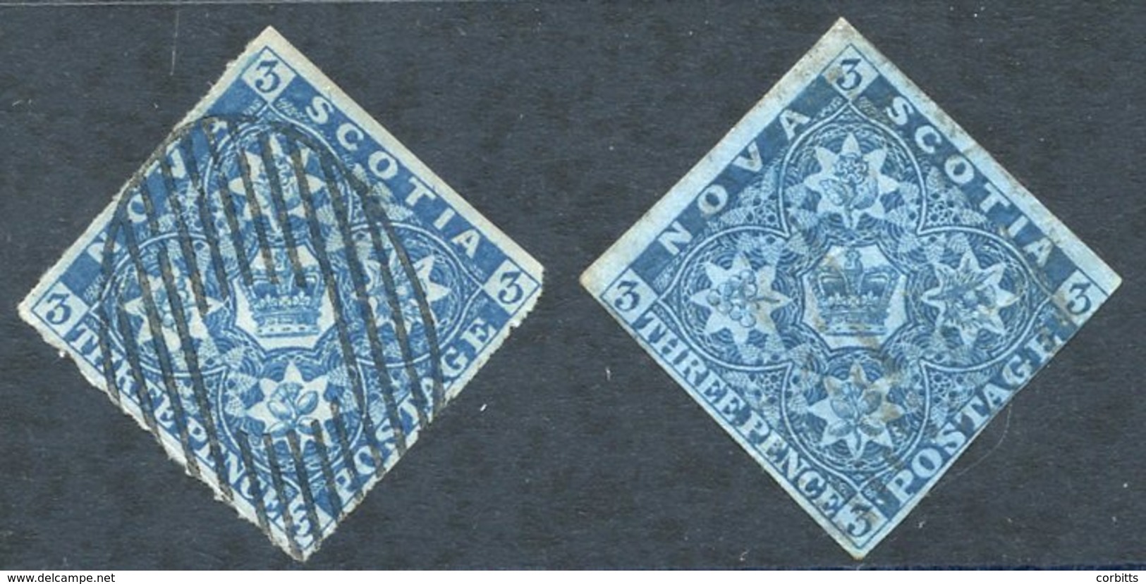 1851-60 3d Bright Blue, Clear To Good Margins FU With Oval Grill SG.3, Another Close To Large Margins FU, Creased. (2) C - Sonstige & Ohne Zuordnung