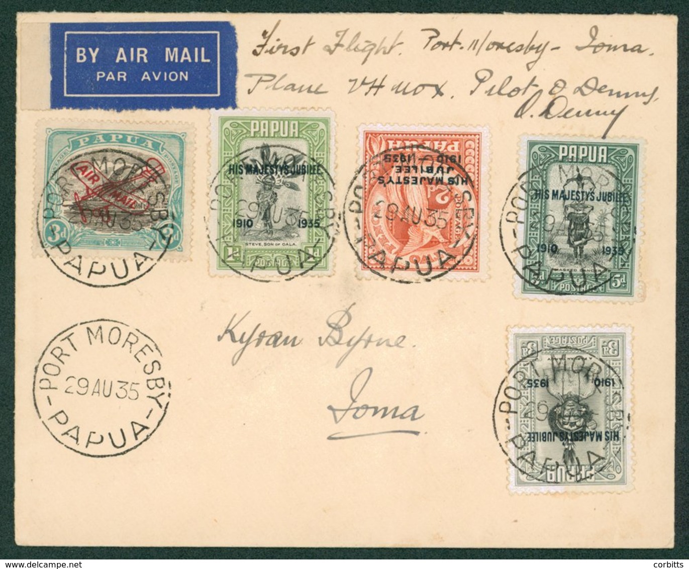 1935 Aug 30th First Flight Cover Port Moresby - Loma, Nice Mixed Franking And Pilot Signed 'Denny' (97 Flown). (1) - Sonstige & Ohne Zuordnung