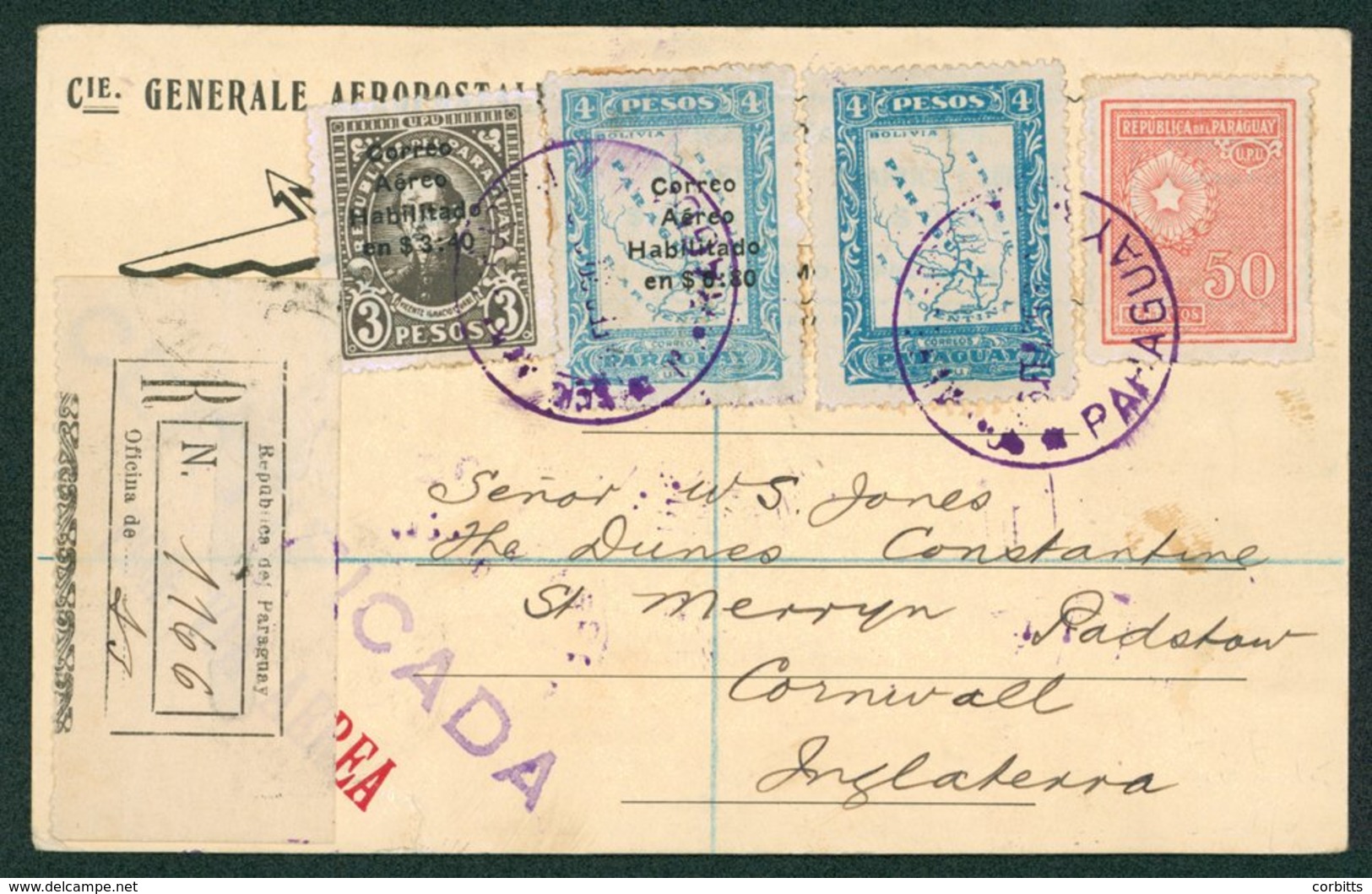 1929 Feb 27th CGA First Flight Cover Asuncion - Toulouse Fine Registered CGA P.card Onto Cornwall, Padstow Back Stamp. ( - Sonstige & Ohne Zuordnung