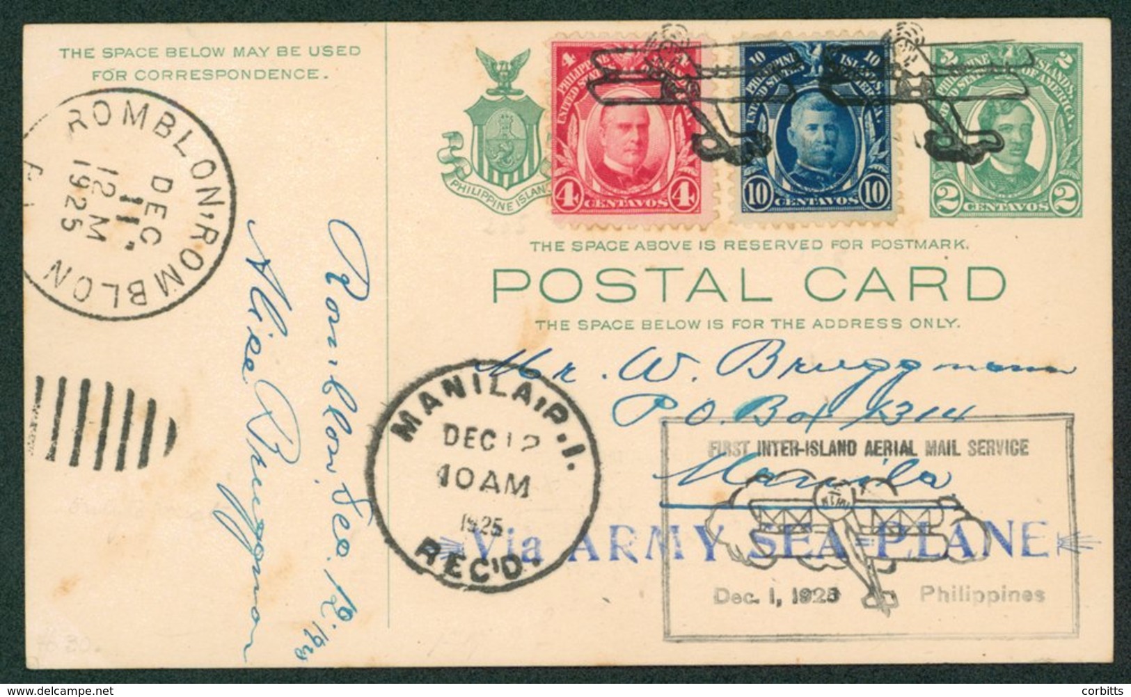 1925 Dec 12th US Army Seaplane First Flight Cover Romblou - Manila With Boxed Cachet (only 8 Flown), Early & Rare. (1) - Sonstige & Ohne Zuordnung