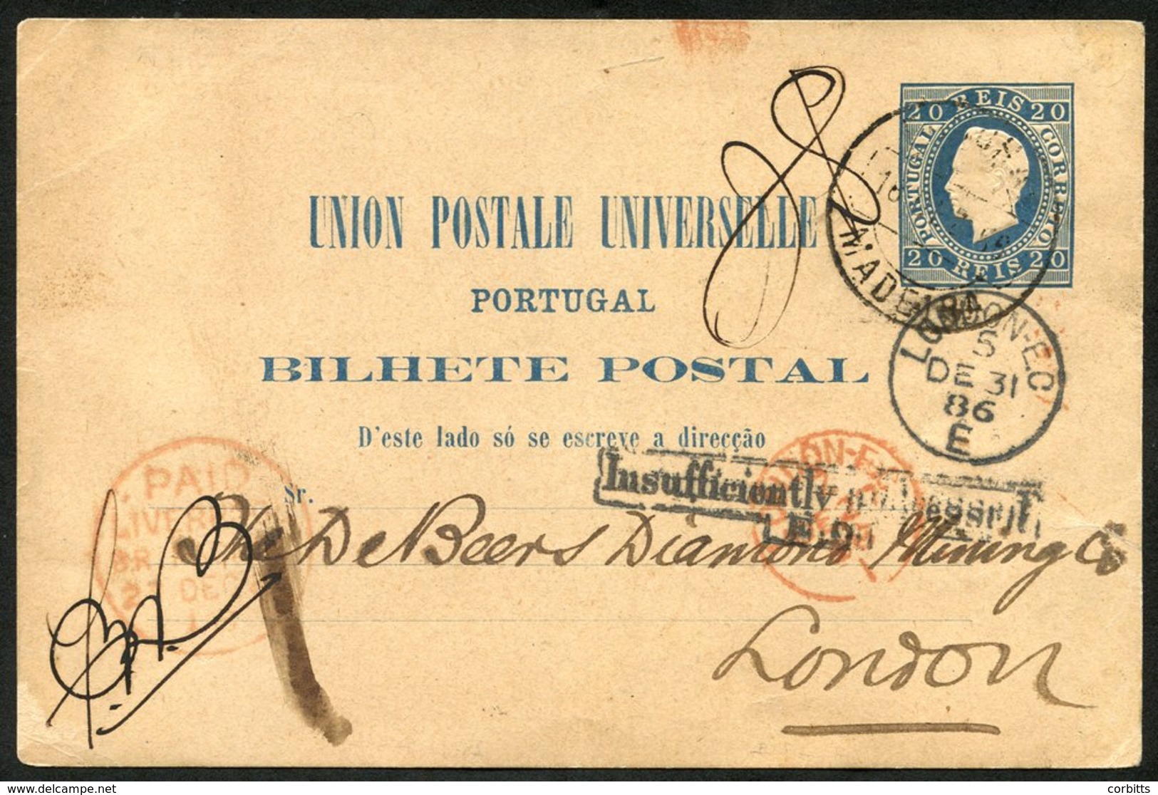 FUNCHAL 1886 Postal Stationery Card 20r Blue, Cancelled By Funchal/Madeira D/stamp Addressed To London Routed Via Liverp - Sonstige & Ohne Zuordnung