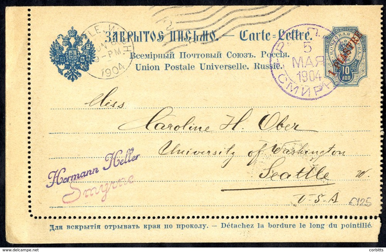 Levant - 1904 10k Postal Stationery Letter Card (selvedge Missing At Right) With Message, Sent To Seattle, USA & Cancell - Autres & Non Classés