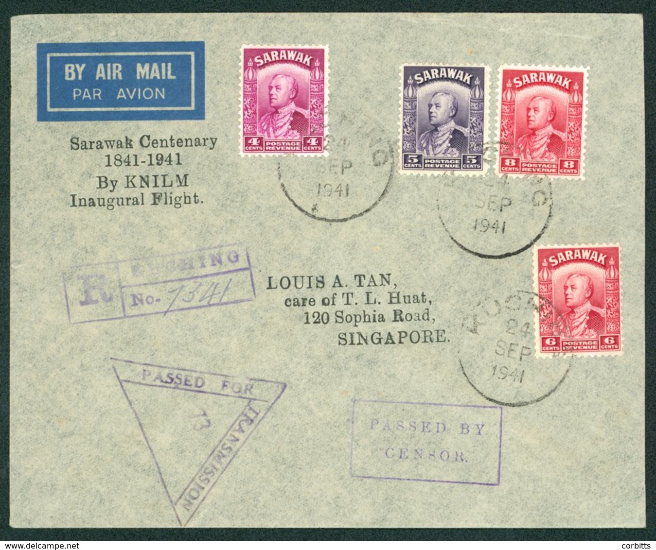 1941 Sept 24th KNILM Centenary Flight Kuching - Singapore, Special Cover Bearing Censor & Registration Cachets. - Sonstige & Ohne Zuordnung