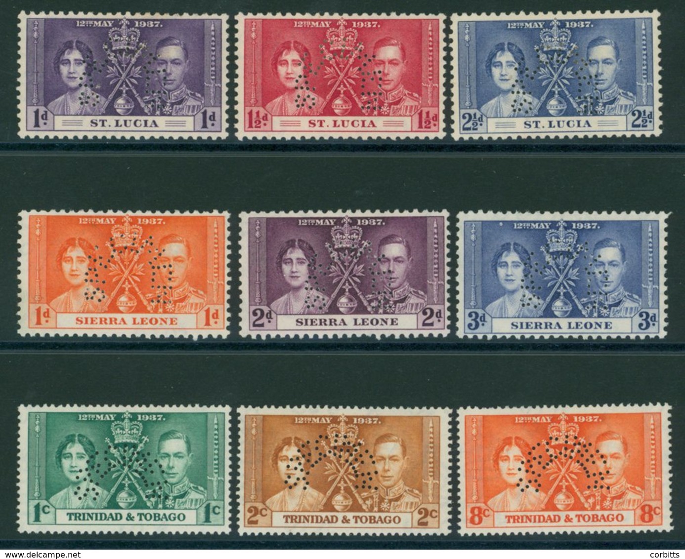 Sierra Leone, St. Lucia, Trinidad & Tobago 1937 Coronation Sets Each Perf SPECIMEN, Fine M, Cat. £315. (9) - Sonstige & Ohne Zuordnung