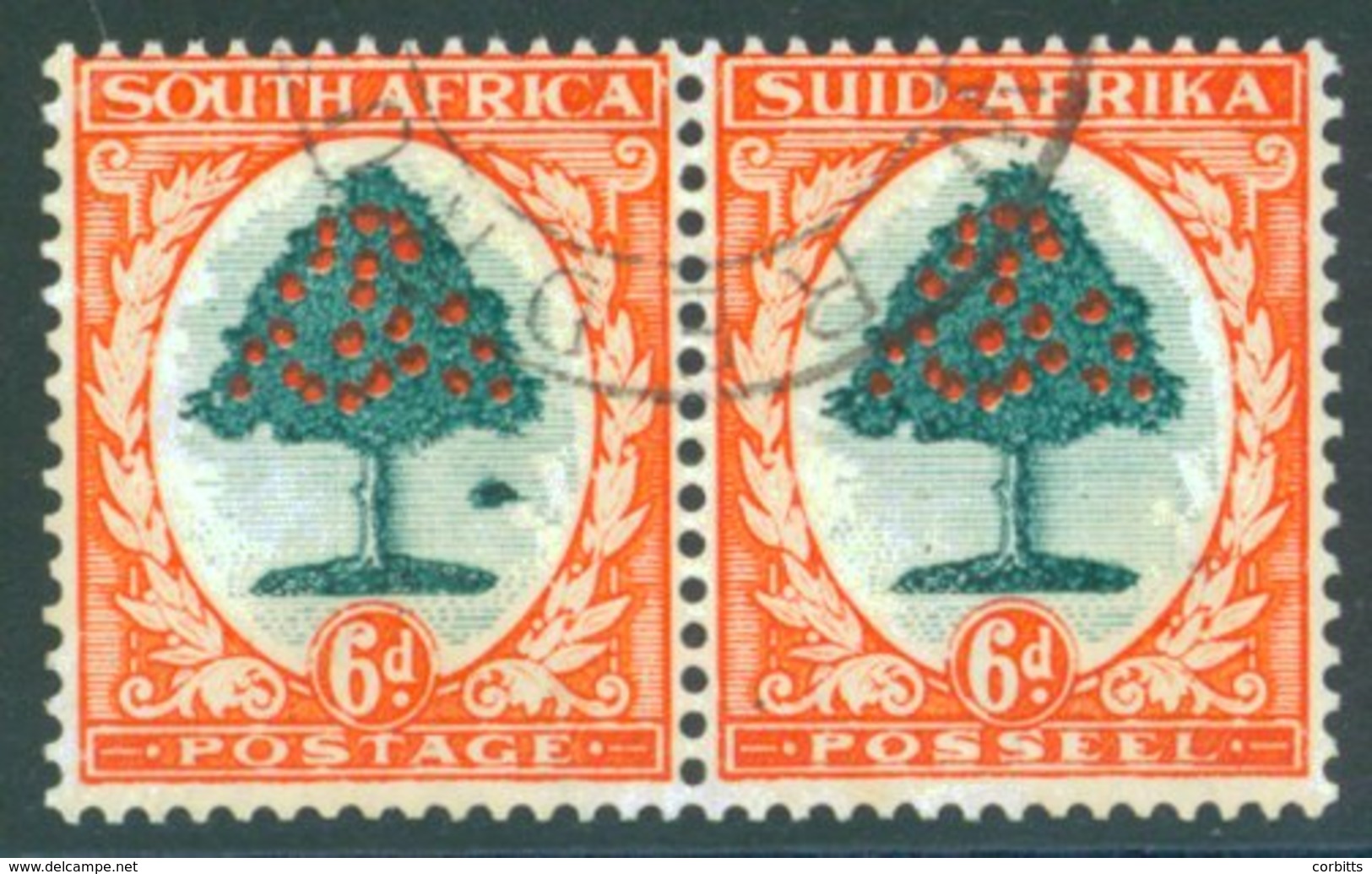 1933-48 6d Green & Vermilion VFU Horizontal Pair Incl The 'Molehill' Flaw SG.616. Cat. £275. (2) - Sonstige & Ohne Zuordnung