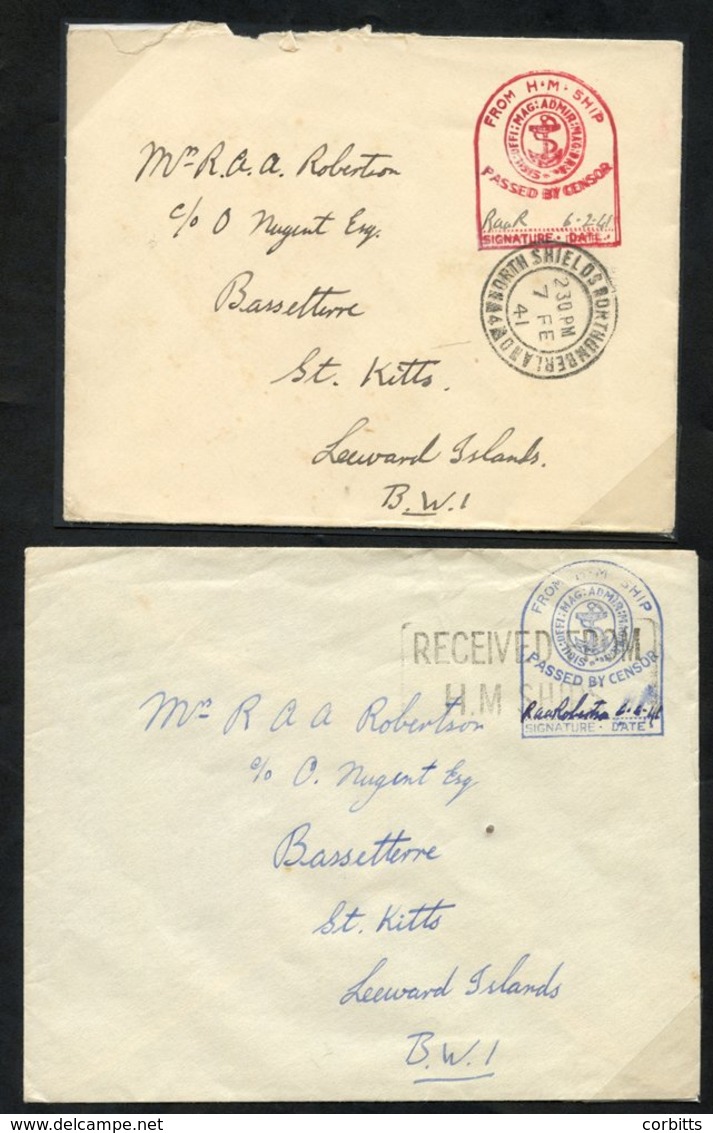 1940-41 Unstamped Envelopes (6) From R.A.A. Robertson To His Wife In Basseterre, Each Showing 'FROM H.M SHIP/PASSED BY C - Autres & Non Classés