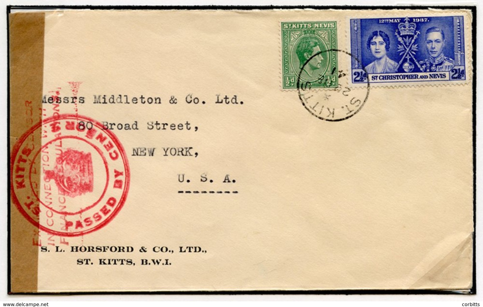 1941 (22 Dec) Envelope To USA, Franked At 3d, Showing Brown Sealing Tape At Left Tied By Circular 'ST.KITTS/Crown/PASSED - Sonstige & Ohne Zuordnung