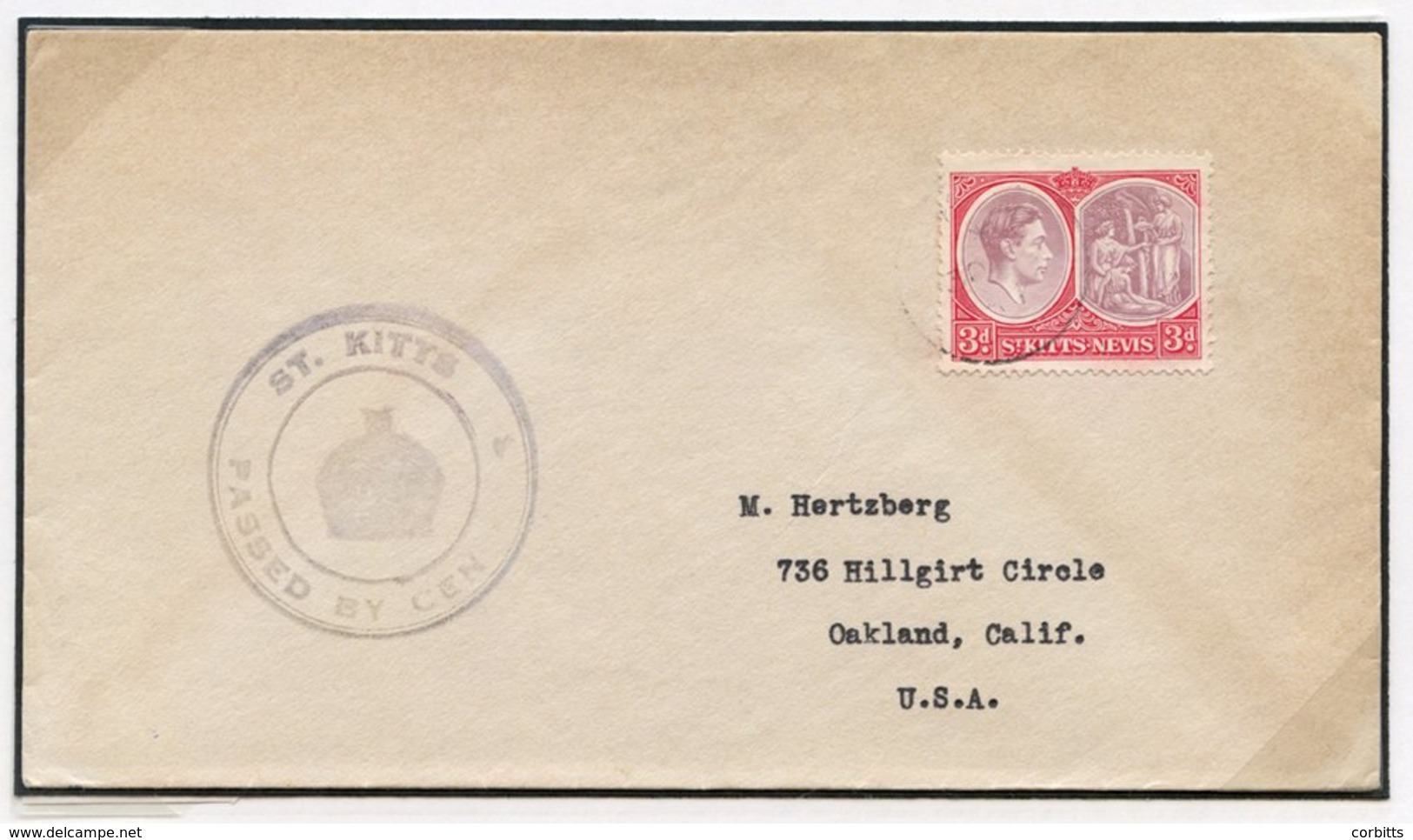 1941 Envelope To USA, Franked At 3d, Showing Fine 'ST. KITTS/Crown/PASSED BY CENSOR 3' In Black With 'SOR' Missing, Some - Autres & Non Classés