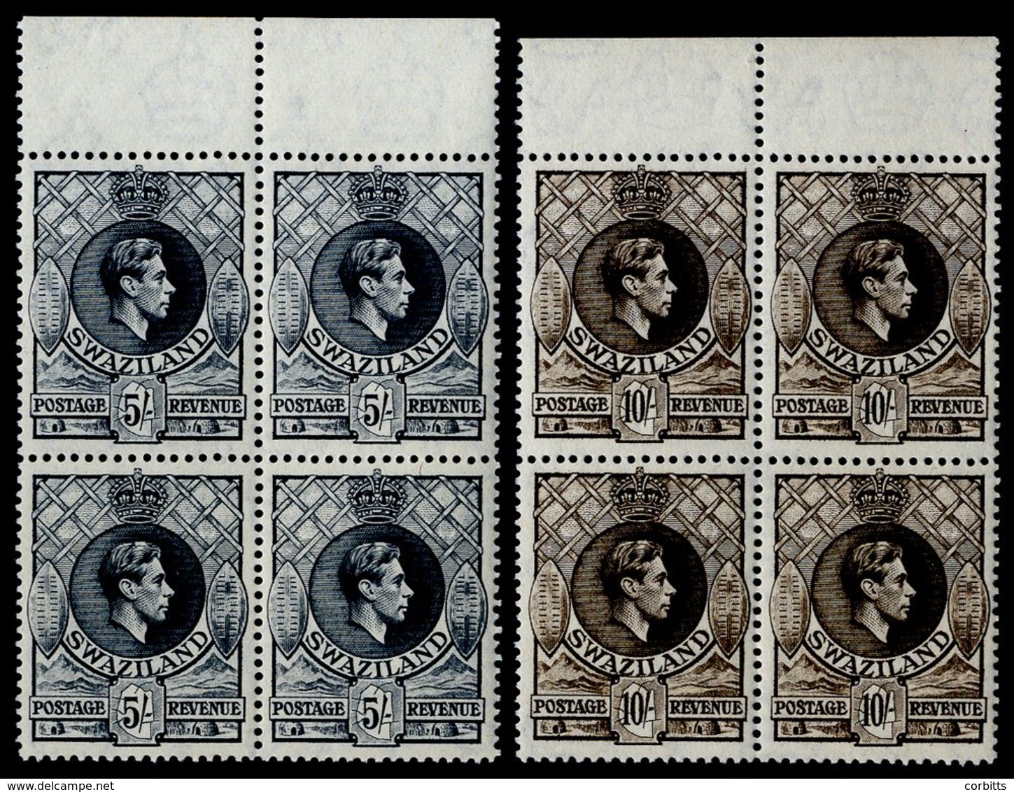 1938-54 Pl.13½ X 14 5s Grey & 10s Sepia (SG.37b & 38a) Each Top Marginal UM Block Of Four, Latter With Just A Hint Of Gu - Sonstige & Ohne Zuordnung