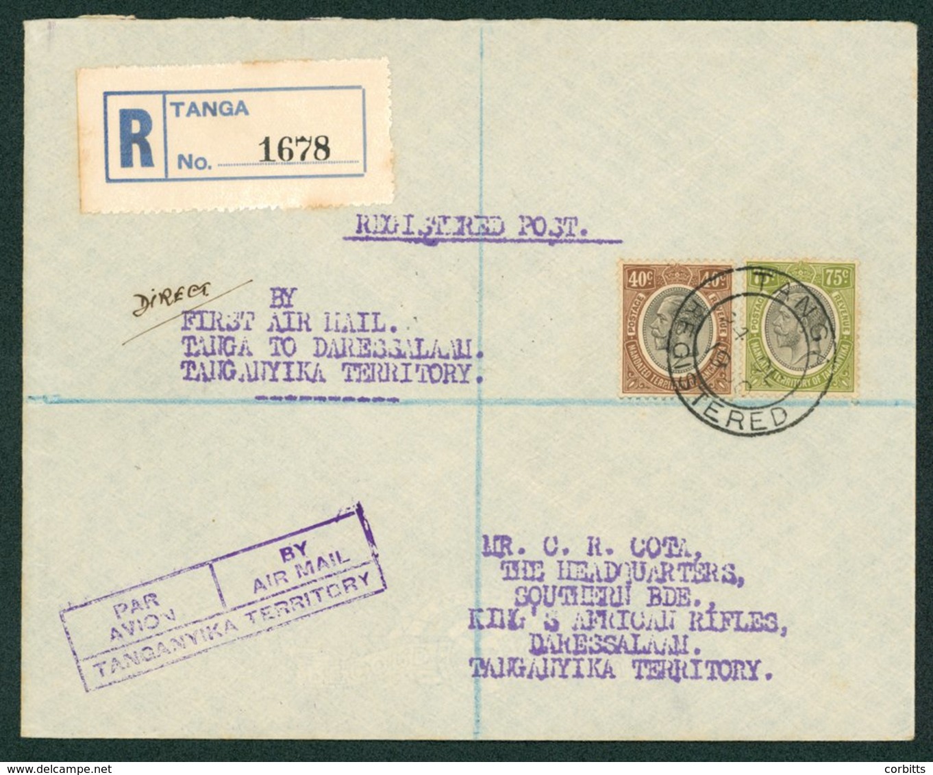 1930 Dec 26th First Flight Cover Tanga - Dar Es Salaam Reg Cover Franked 40c & 75c, Despatch & Receiving Marks On Revers - Sonstige & Ohne Zuordnung