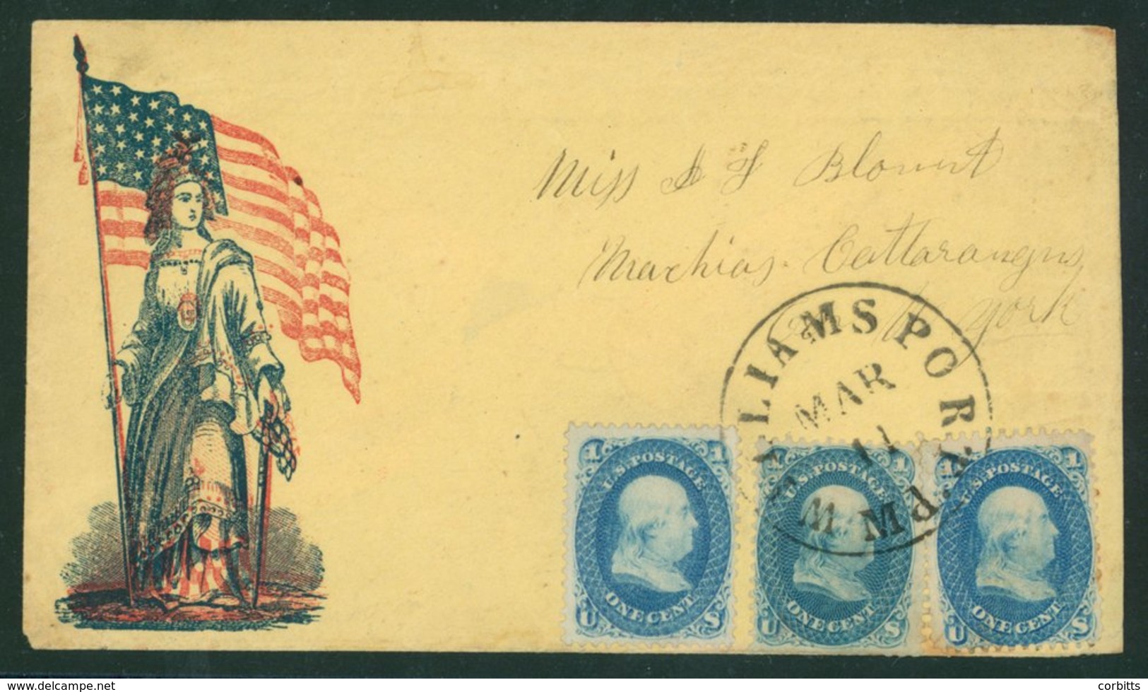 1861-65 Civil War Patriotic Covers Franked 1c Blue Single And Pairs All Tied Williams Fort MD C.d.s Addressed To Machias - Autres & Non Classés