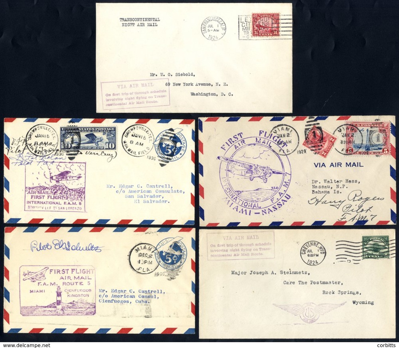 1924-30 First Flight Covers (5) From 1924 Official First Night Flying Cheyenne - Rock Springs With Cachet (scarce Leg),  - Sonstige & Ohne Zuordnung