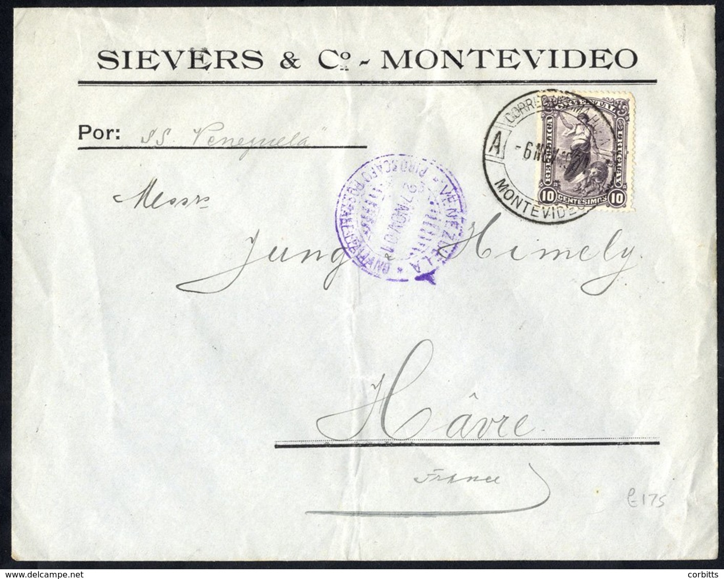 1901 Commercial Envelope To France With 10c Stamp Ex Montevideo & Ship's Violet Cachet VENEZUELA/PIROSCAFO POSTALE ITALI - Sonstige & Ohne Zuordnung