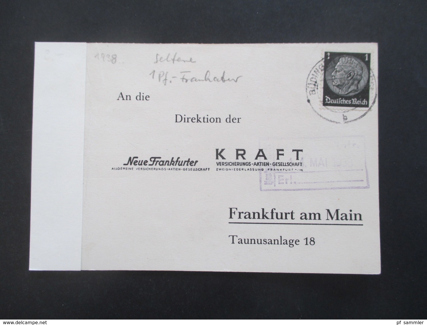 3. Reich 1938 Hindenburg 1 PF Nr. 512 Seltene EF / Einzelfra Bestätigungskarte Zum Antrag Auf Kraftfahrzeug Versicherung - Briefe U. Dokumente