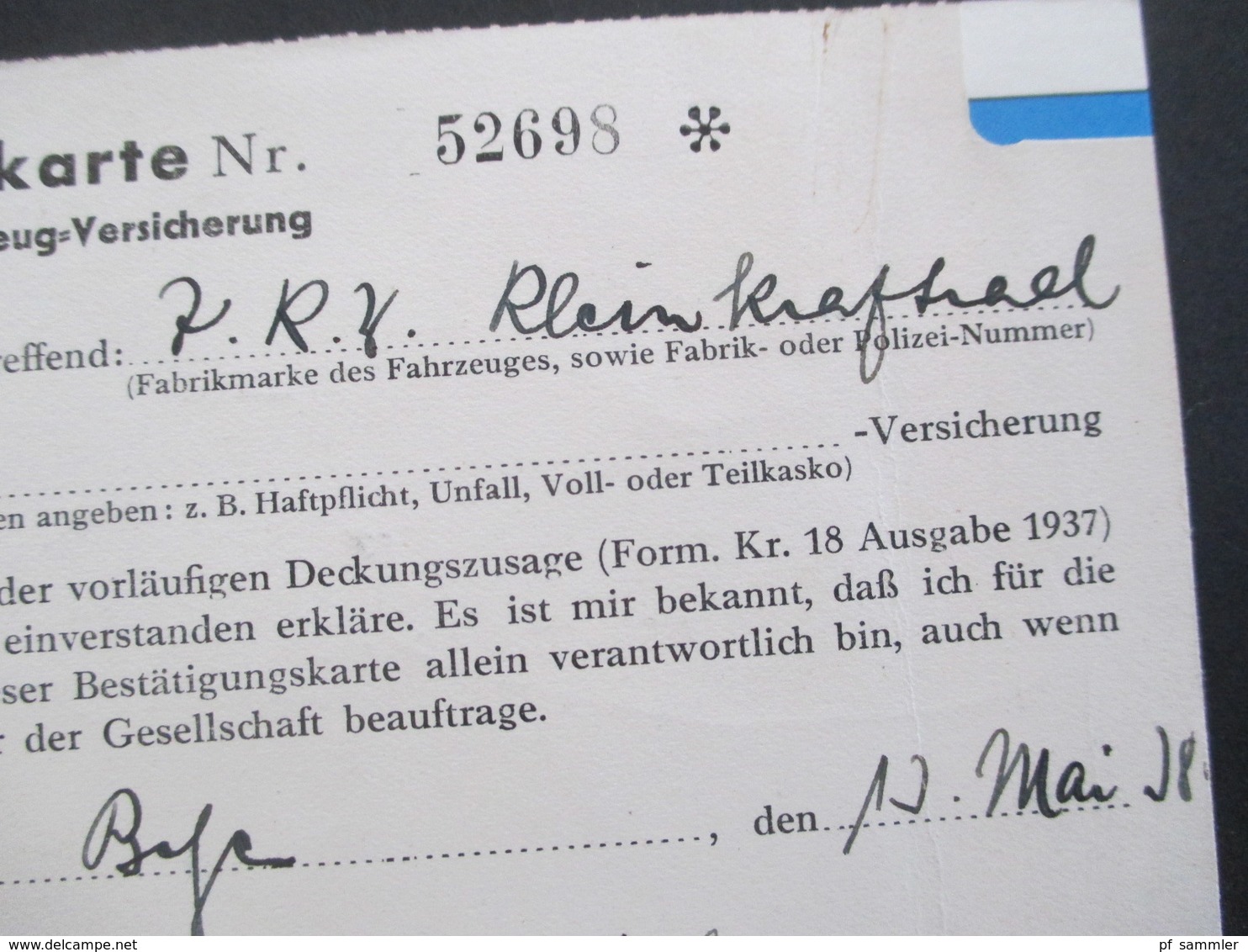 3. Reich 1938 Hindenburg 1 PF Nr. 512 Seltene EF / Einzelfra Bestätigungskarte Zum Antrag Auf Kraftfahrzeug Versicherung - Briefe U. Dokumente