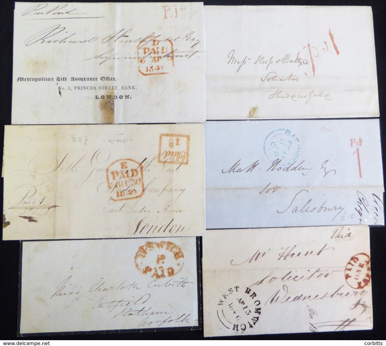 UNIFORM PENNY POST 1840-46 Covers With 1d Postmarks Of Basingstoke, Romford, Bradford, Halifax, Ipswich & West Bromwich. - Sonstige & Ohne Zuordnung