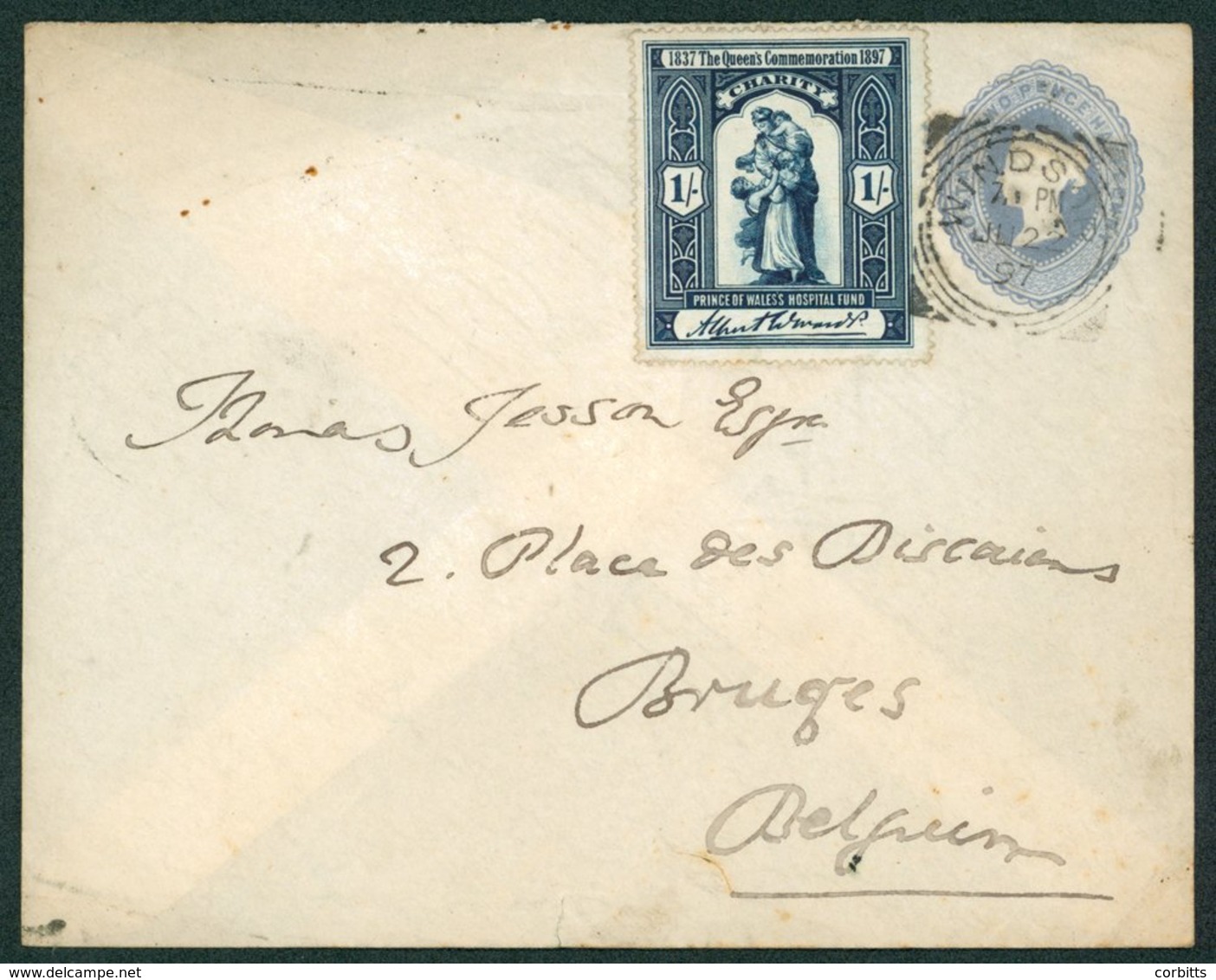 1897 2½d S.T.O. Stationery Envelope In Belgium Cancelled By A Windsor, June 22nd 1897 Squared Circle Alongside A 1s Prin - Sonstige & Ohne Zuordnung