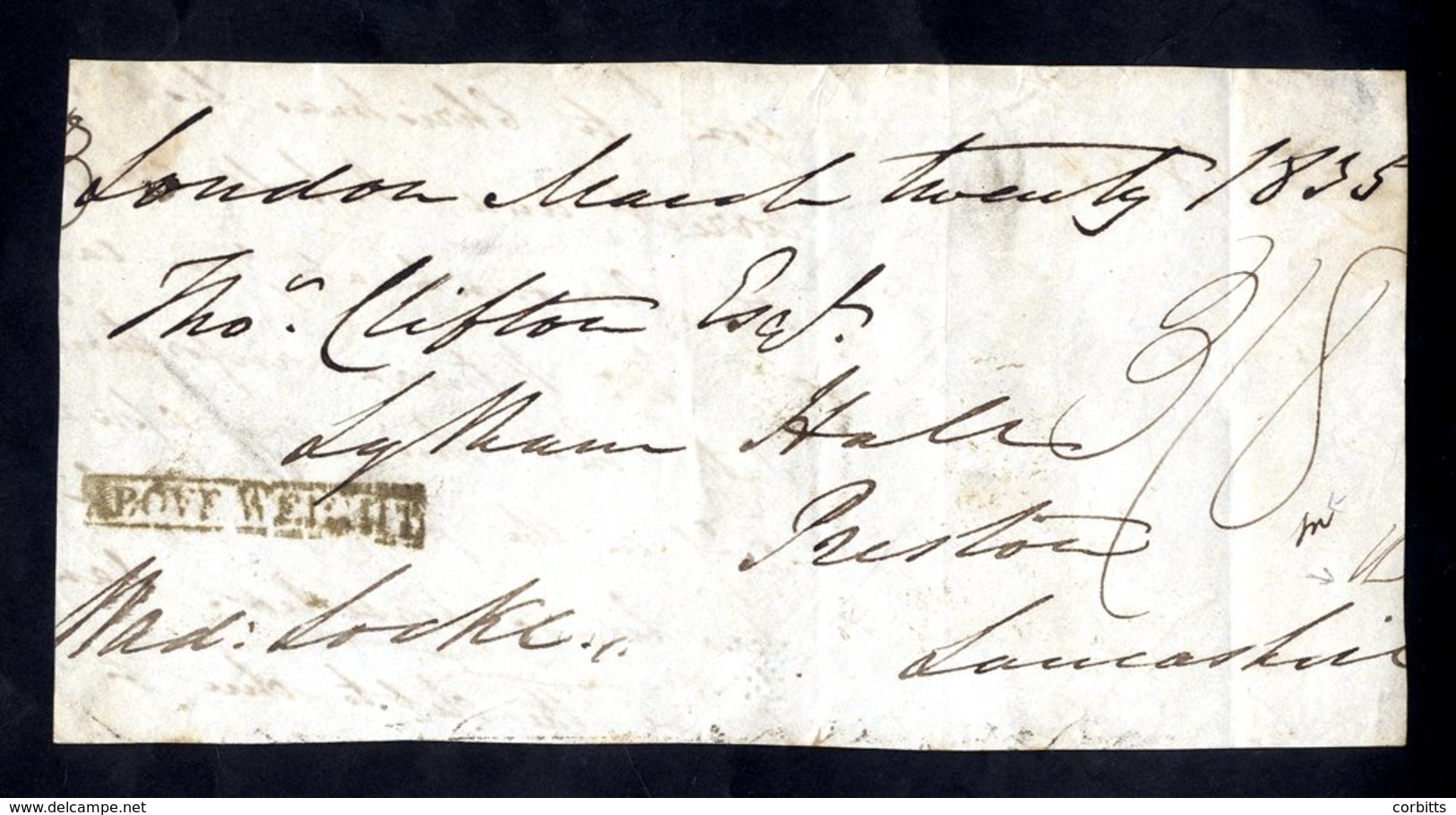 FREE FRANK FRONTS 1835 March 20th Free Front From London To Preston (franked Locke?), Charged 3/8 In M/s & Initialled, F - Sonstige & Ohne Zuordnung