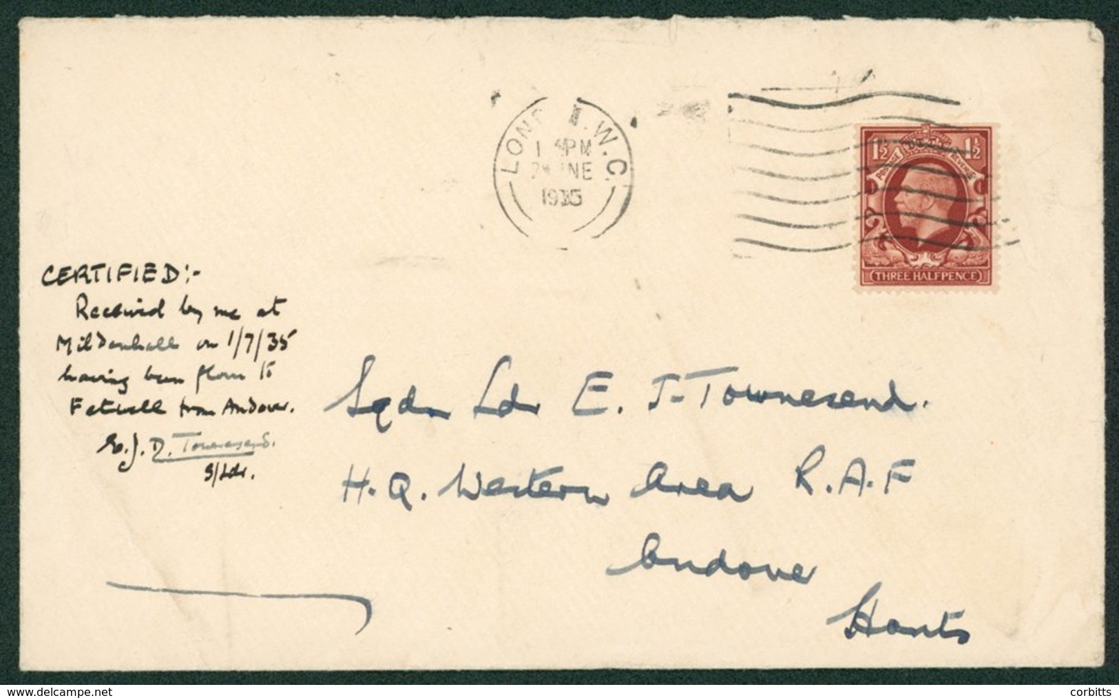 1935 July 1st RAF Royal Review Flight, Andover - Feltwell Cover Flown On First Day Of Service, Certified Standard Size C - Sonstige & Ohne Zuordnung