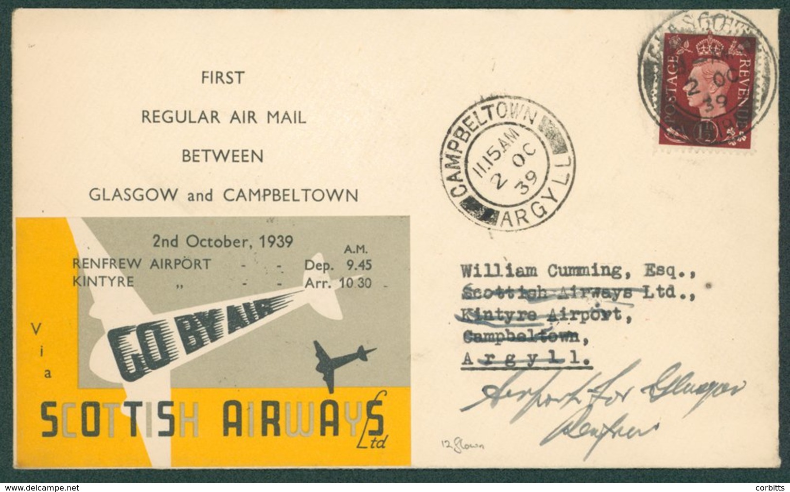 1939 Oct 2nd Scottish Airways First Flight Cover To Campbeltown Official Cover Flown Glasgow - Campbeltown - Glasgow (1  - Sonstige & Ohne Zuordnung