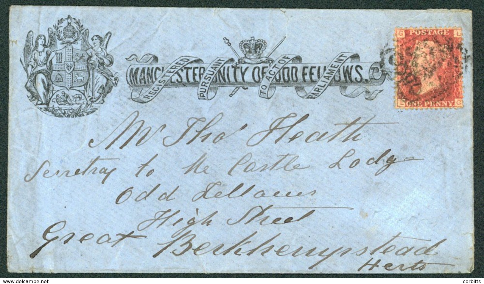 1870 Printed Envelope For 'Manchester Unity Of Good Fellows' With Coat Of Arms Franked 1d Red Brown Pl.129 Sent To Berkh - Sonstige & Ohne Zuordnung